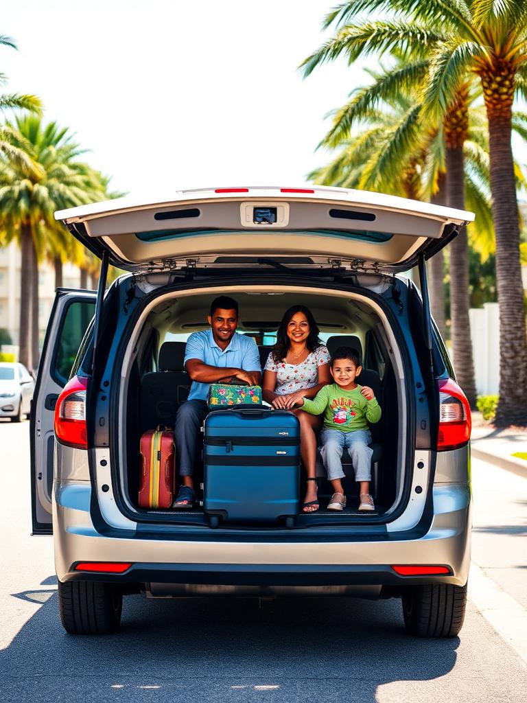 Family loading luggage into a modern minivan on a sunny Orlando street